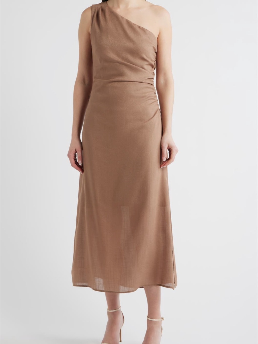 Vince Camuto One-Shoulder Dress in Shiny Taupe Brown